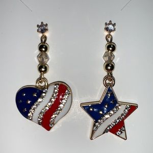 Red White Blue Star And Heart Pendants dangle from Cubic Zirconia Stud Post